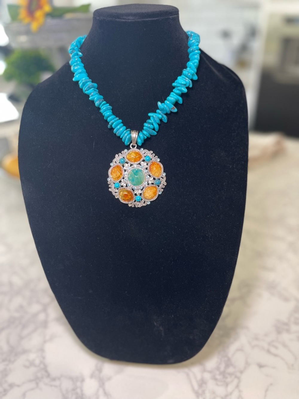 Turquoise Bead Necklace with Multicolor Medallion Pendant
